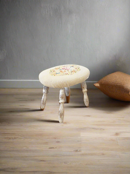 Vintage Wood Foot Stool with embroidered cushion F002-WE
