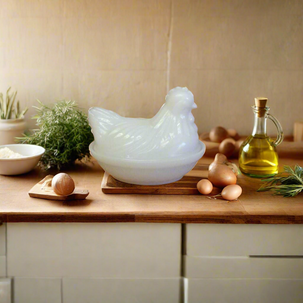 Vintage Hazel Atlas Milk Glass Hen On Nest Basket