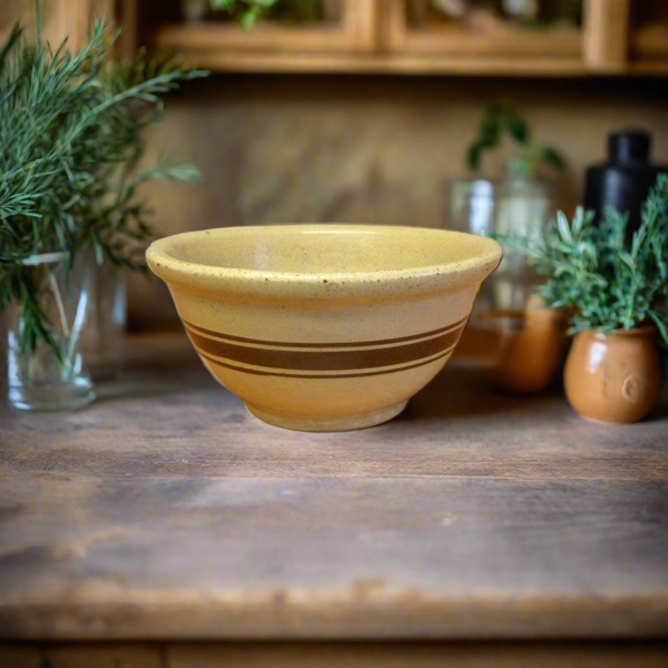 Vintage RRP Co stoneware mixing bowl yellow ware with brown bands
