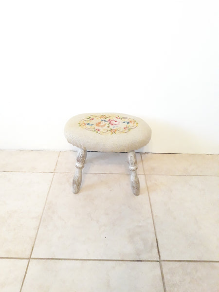 Vintage Wood Foot Stool with embroidered cushion F002-WE