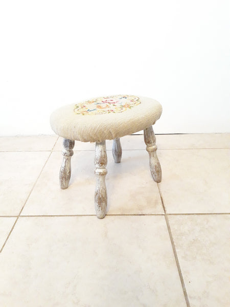 Vintage Wood Foot Stool with embroidered cushion F002-WE