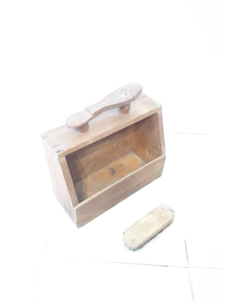 Vintage Wood Shoeshine Box with Brush