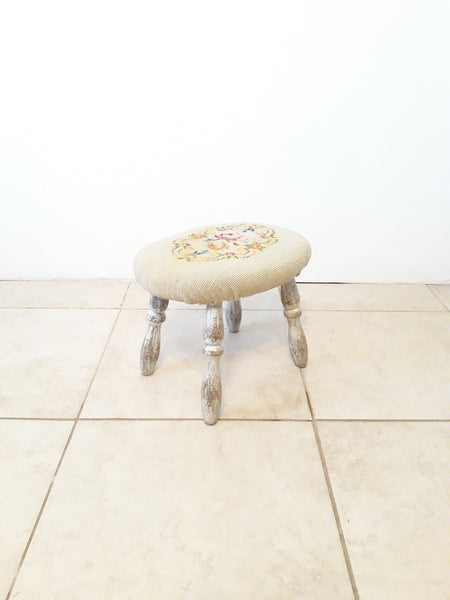 Vintage Wood Foot Stool with embroidered cushion F002-WE