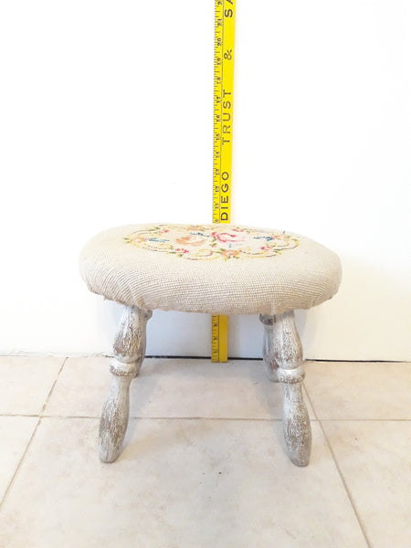 Vintage Wood Foot Stool with embroidered cushion F002-WE
