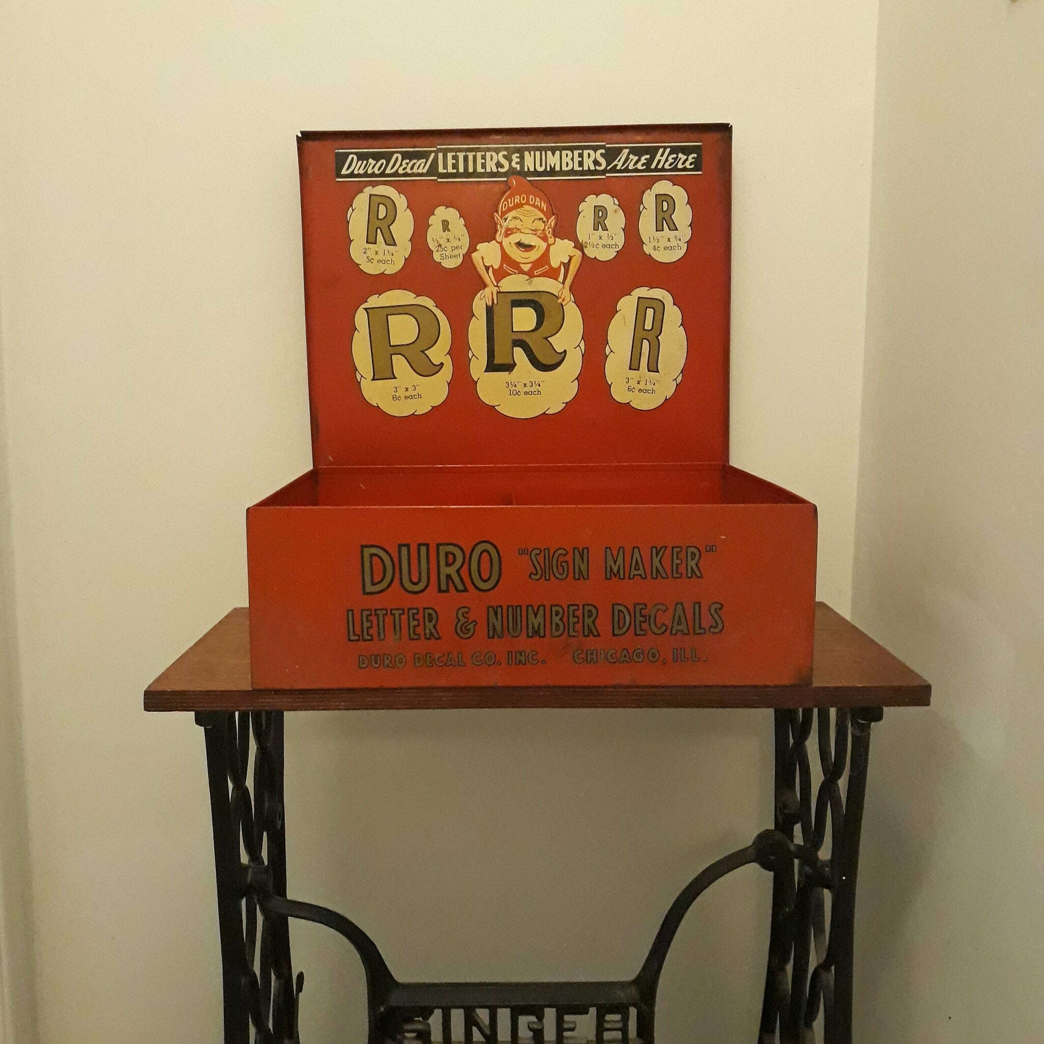 Vintage Duro Sign Maker Letter & Number Decals Metal Storage Box