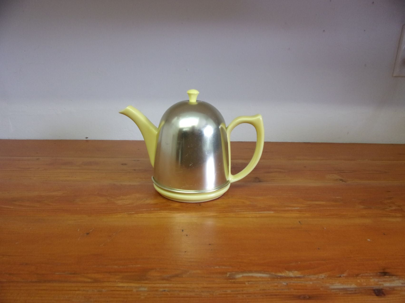 Vintage Hall China yellow Teapot with metal cozy