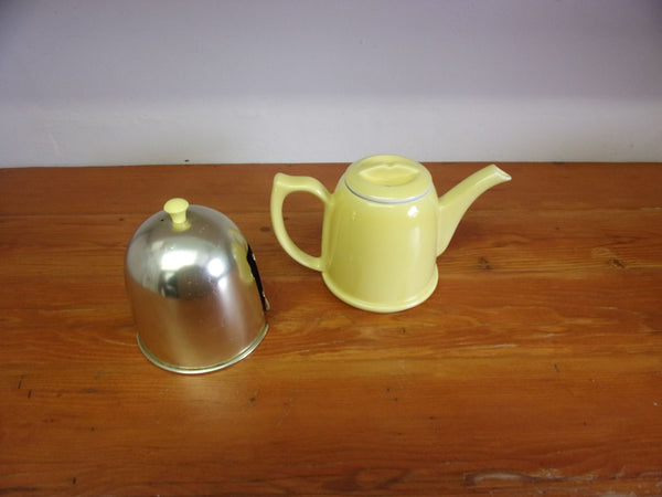 Vintage Hall China yellow Teapot with metal cozy