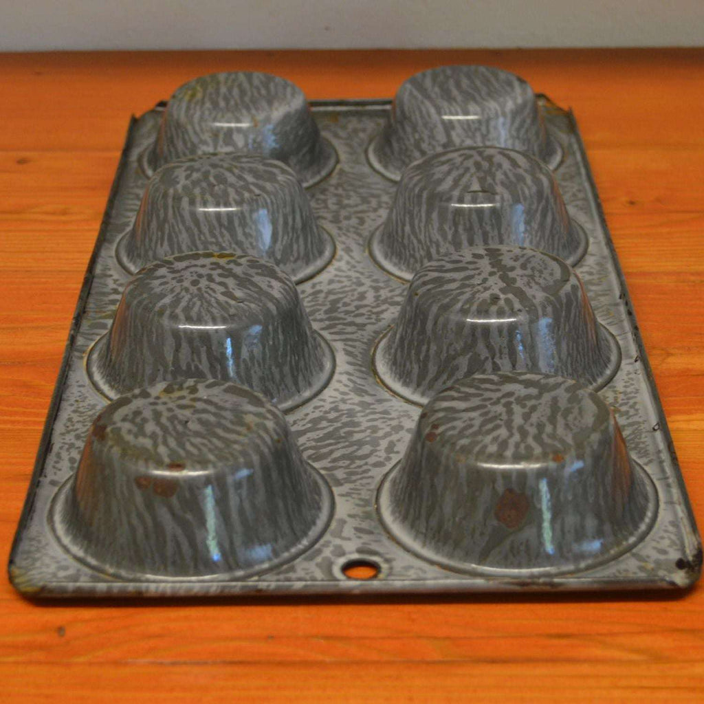 Vintage Enamel 12 Hole Muffin Pan/ Antique Gray Enamelware 