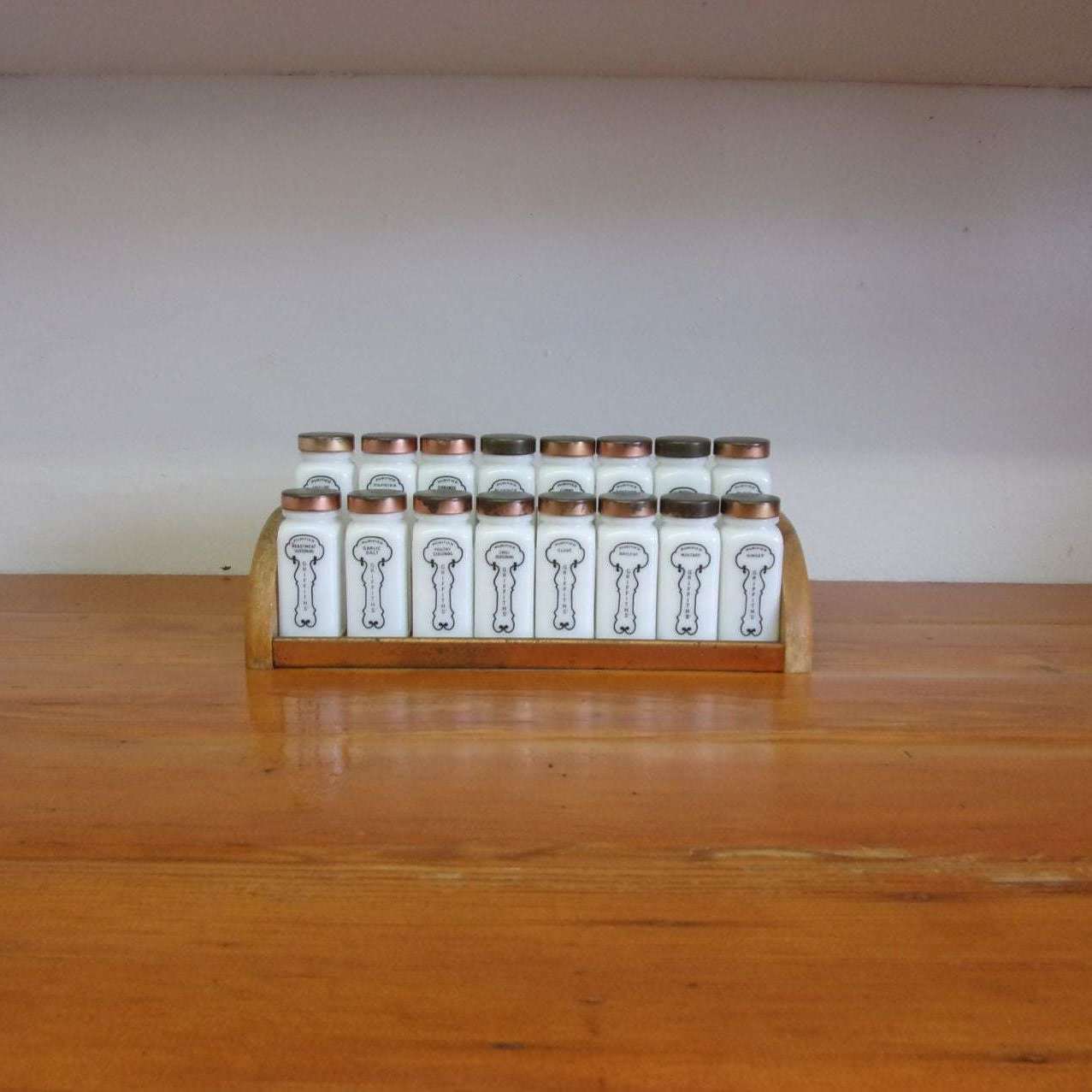 VINTAGE GRIFFITH SET OF 12 MILK GLASS SPICE JARS With Wooden Rack