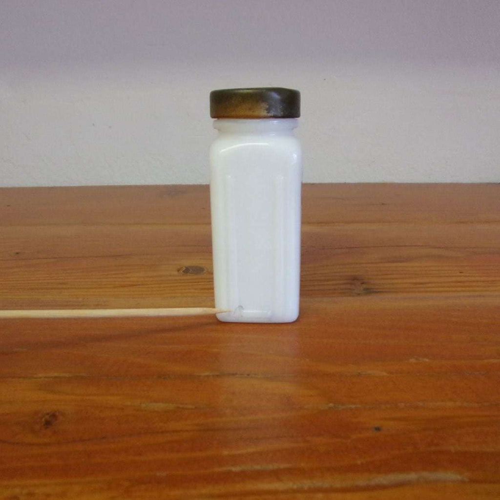 Vintage Set of 8 White Glass Spice Jars with Distressed Red Metal